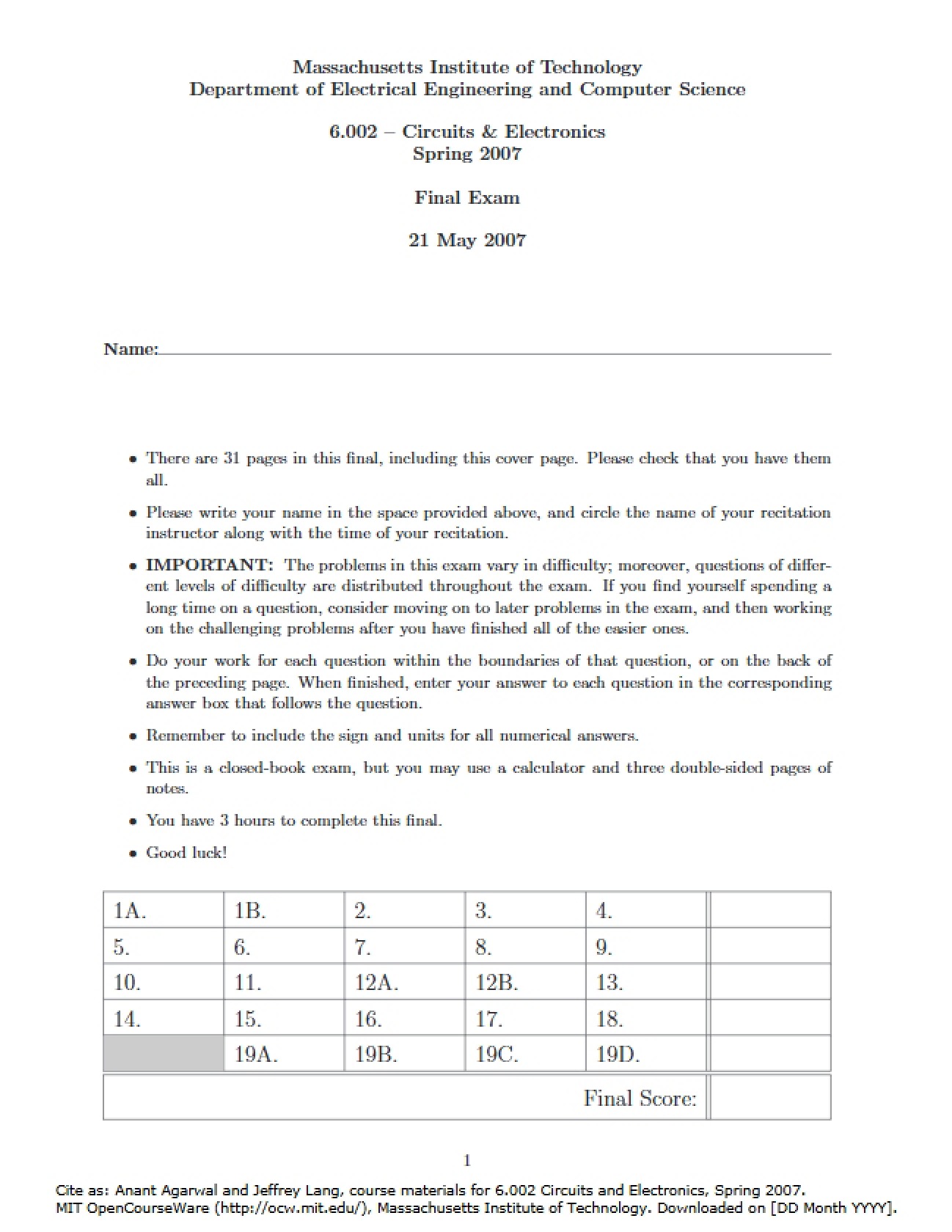 Electronics Final Exam