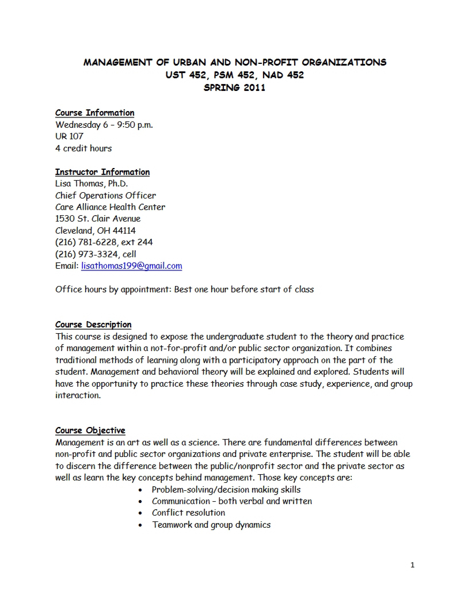 Course Outline Nonprofit and Urban Management