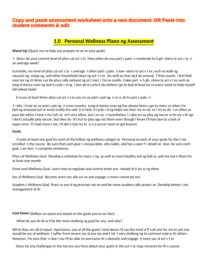 1.05 Assessment - Personal Wellness Planning