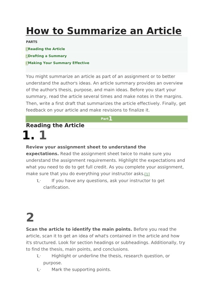 Summarizing Articles - Reading Strategies