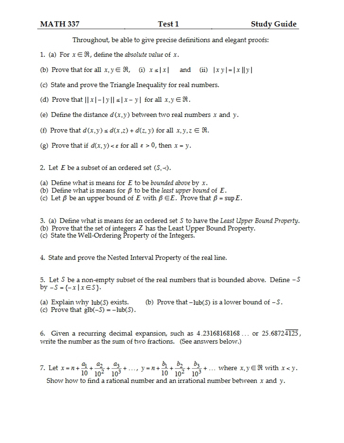 Study Guide for Test One