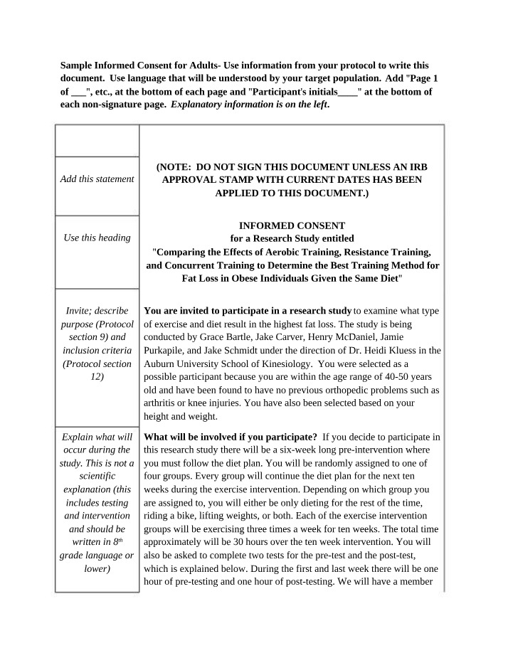 Informed Consent for Fat Loss Exercise and Diet Research