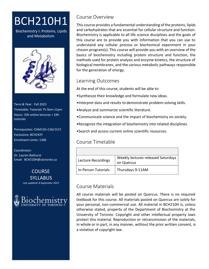 Biochemistry I - Proteins, Lipids and Metabolism Course Materials