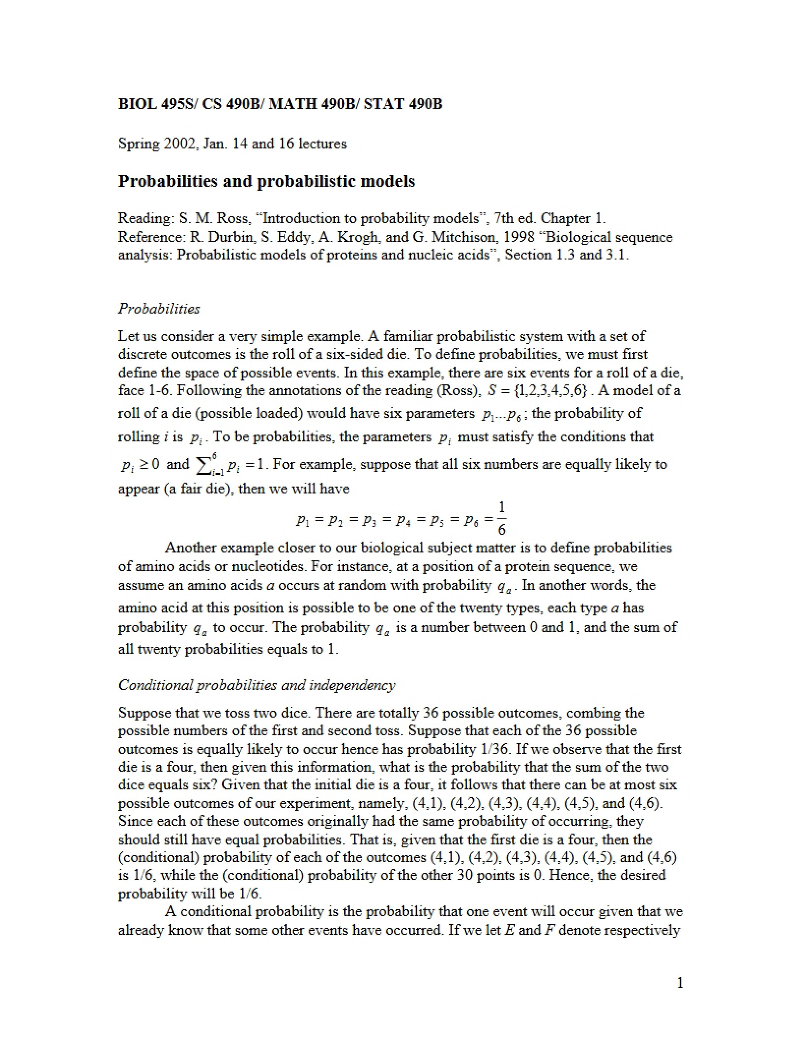 Probabilistic Models and Probability