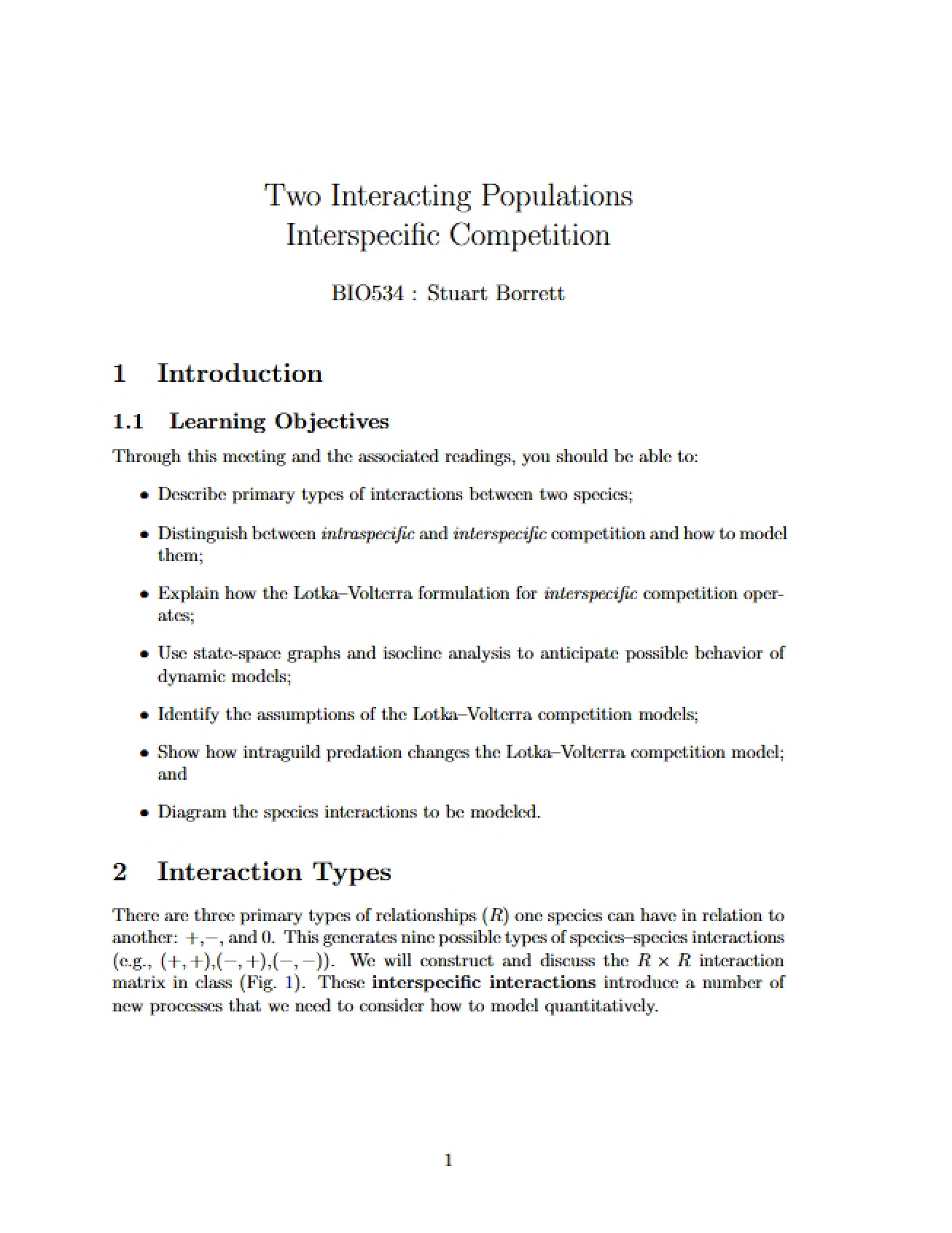 Interspecific Competition Two Interacting Populations