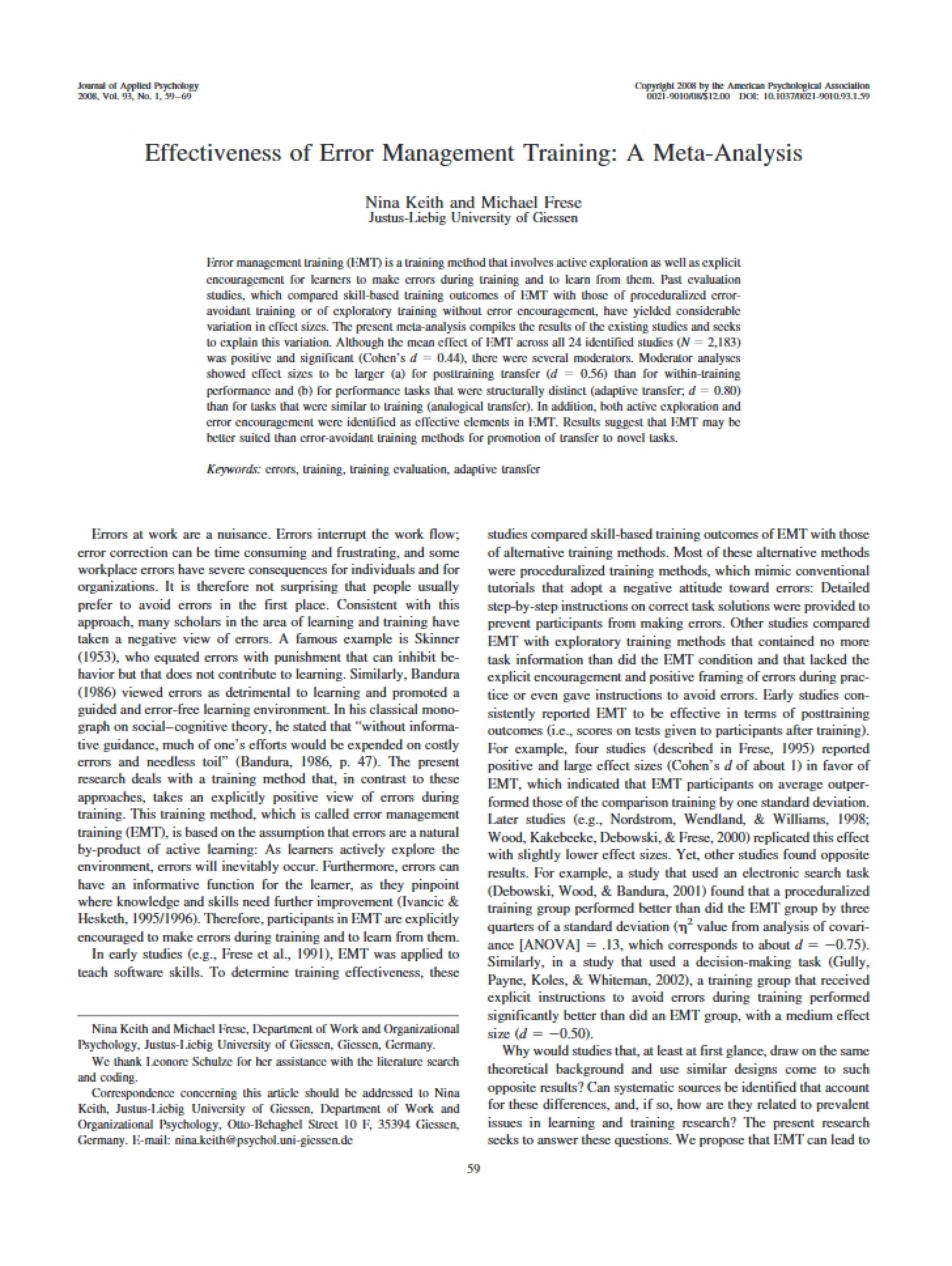 Error Management Training Effectiveness Meta-Analysis
