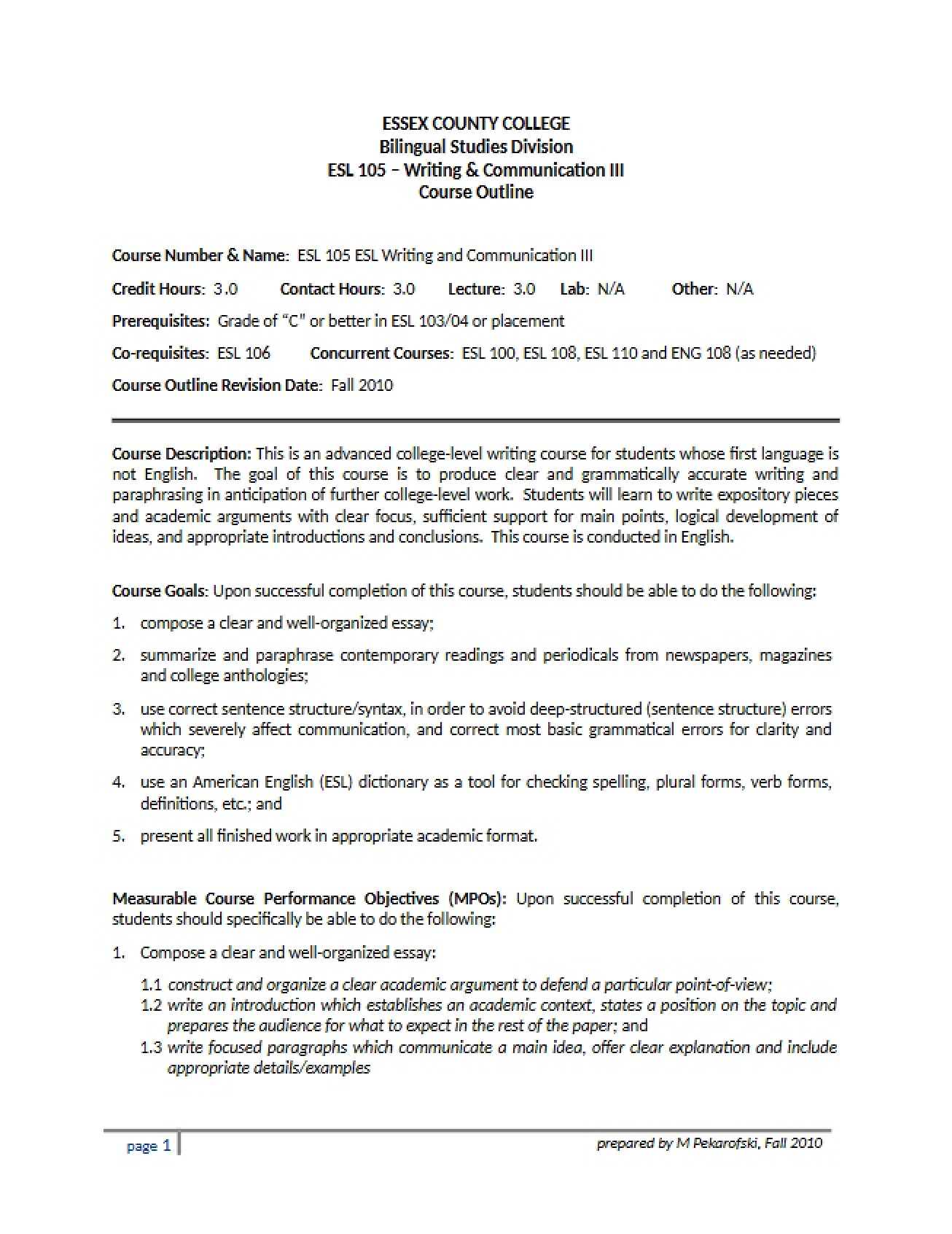 Writing and Communication II ESL Outline