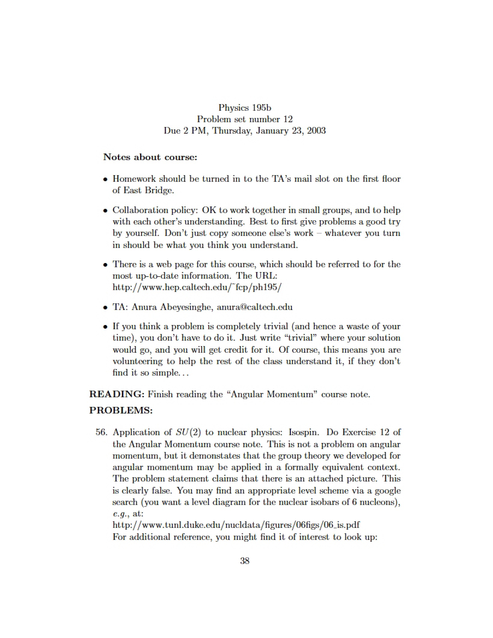 Twelfth Problem Set
