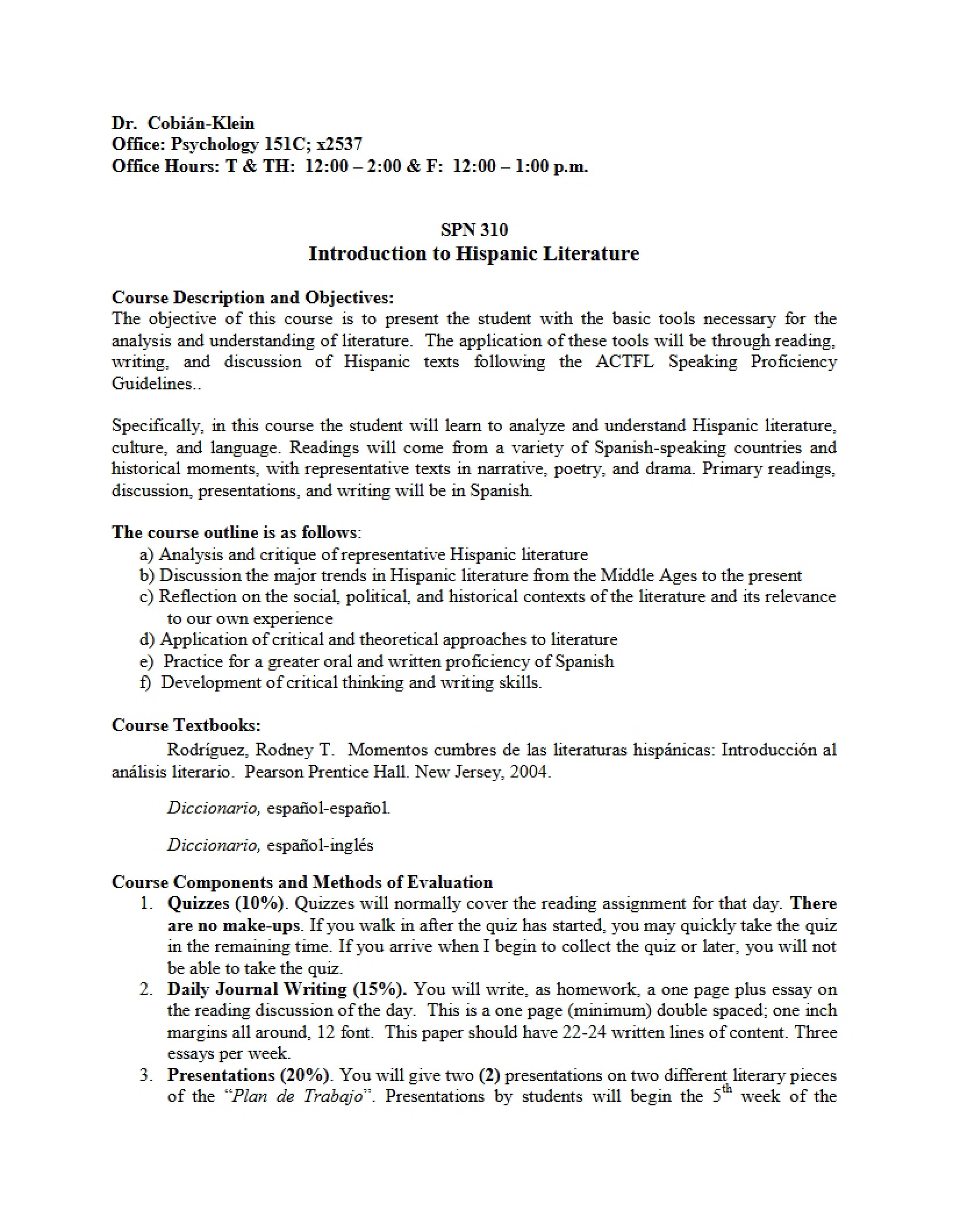 Hispanic Literature Introduction Syllabus