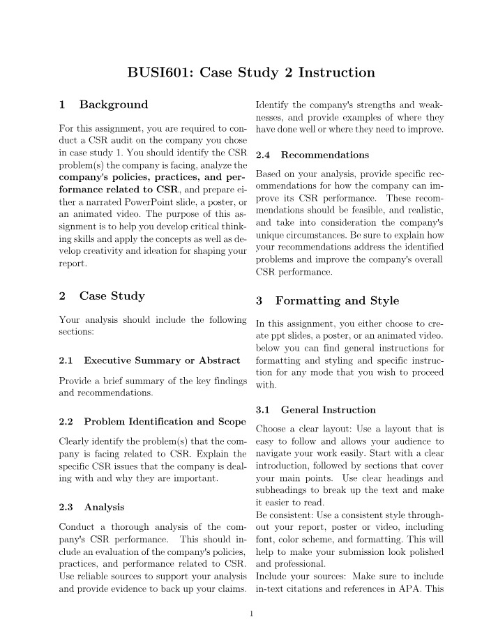 CSR Performance and Recommendations for Improvement