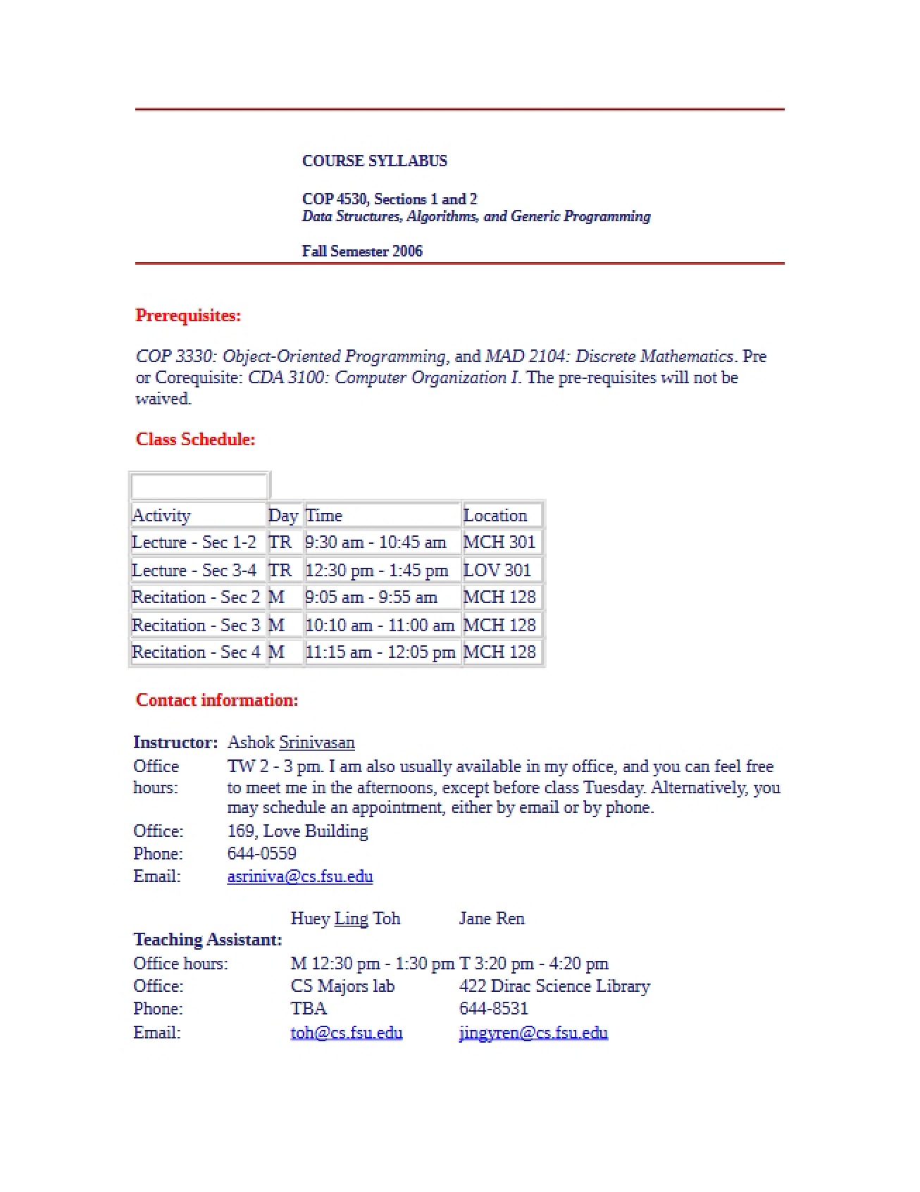 Example Syllabus for Data Structures and Algorithms