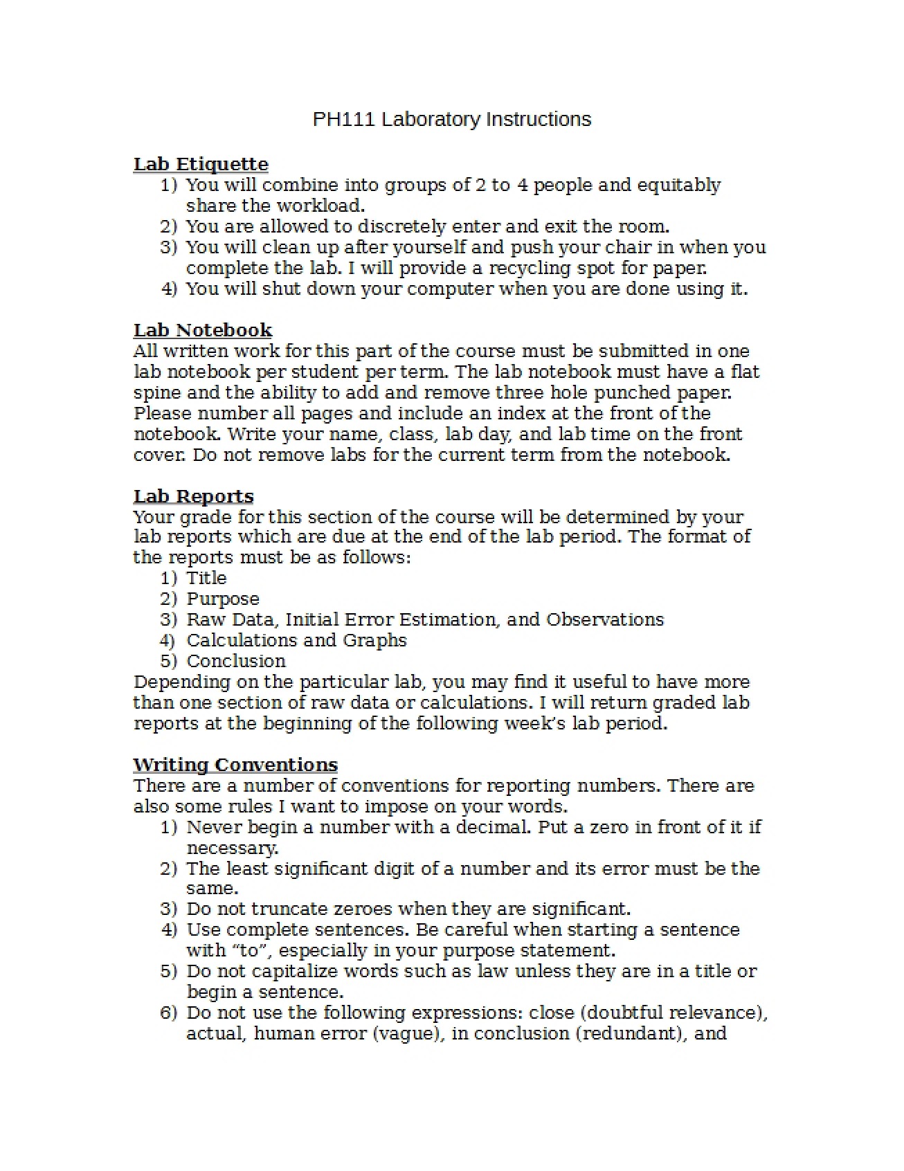 Instructions for Laboratory