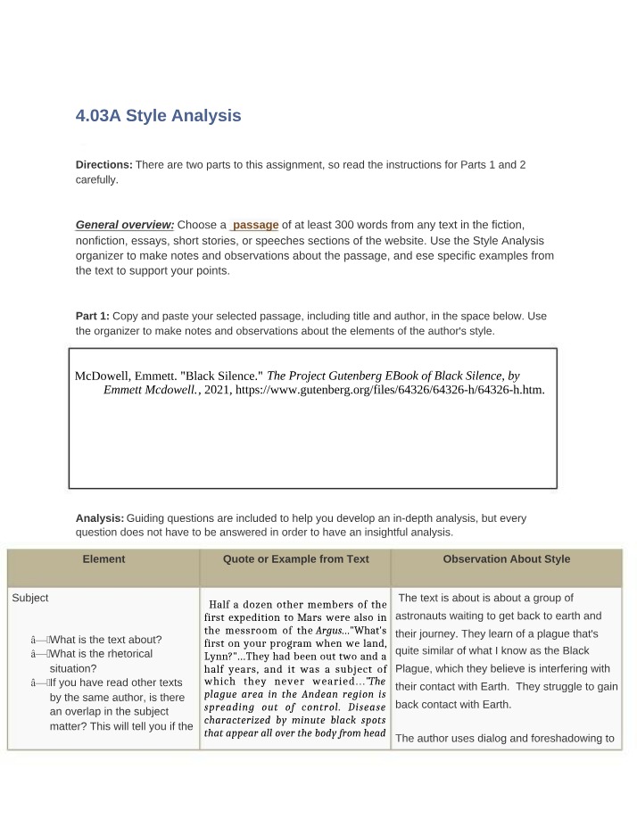 Analyzing the Author's Style in Black Silence