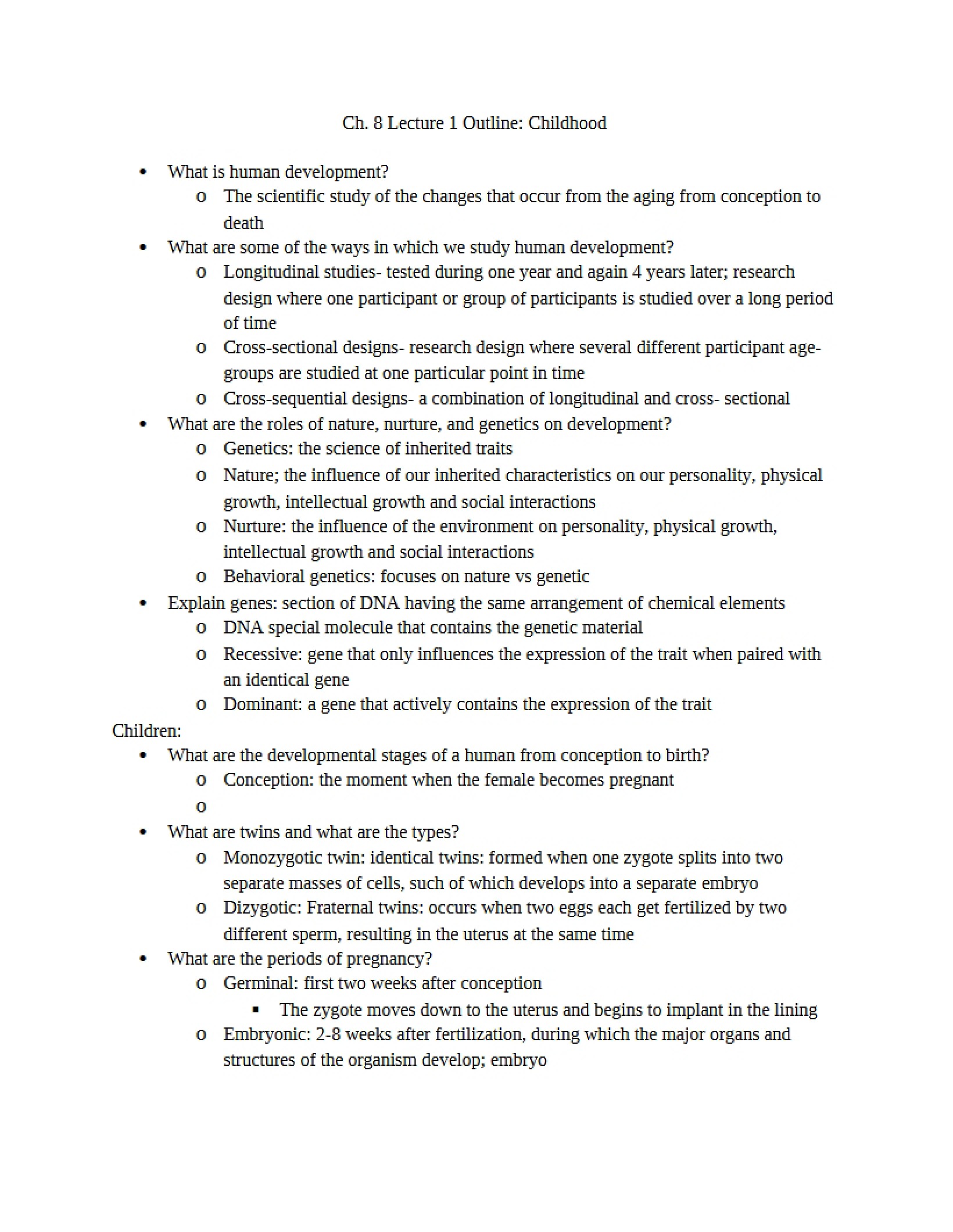Lecture Outline 1 on Childhood (Ch 8)