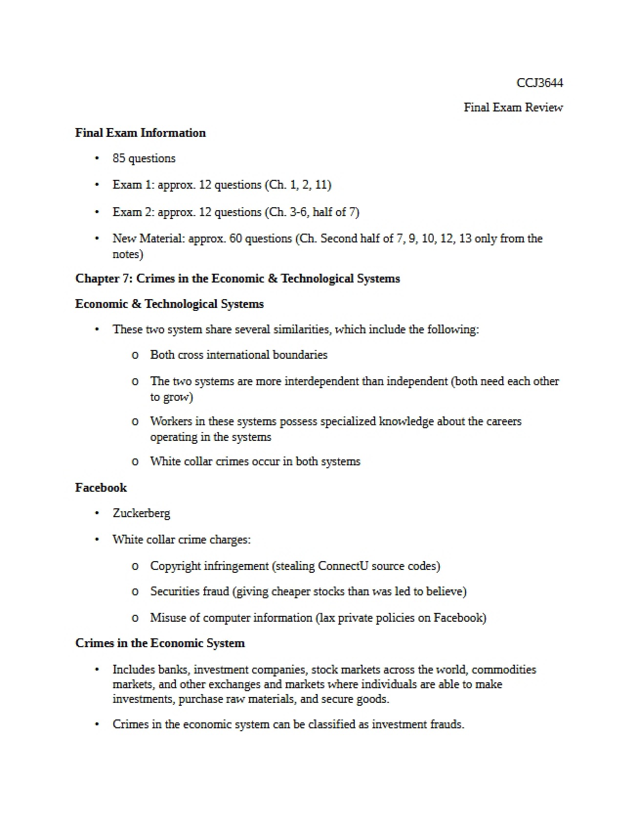 Review Materials for the Final Exam, Part One
