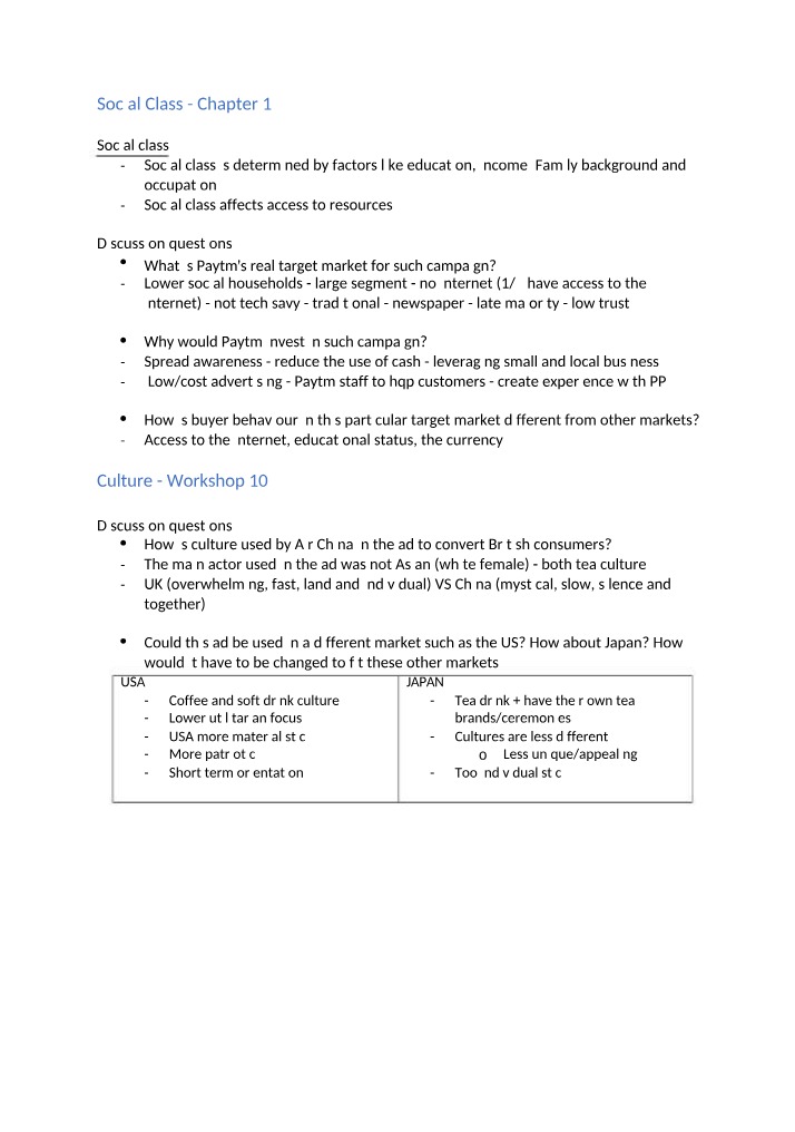 Workshop 10 - Social Class and Culture (Chapter 12)