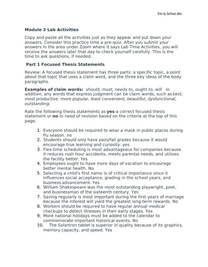 Lab Activities for Thesis Statements and Punctuation