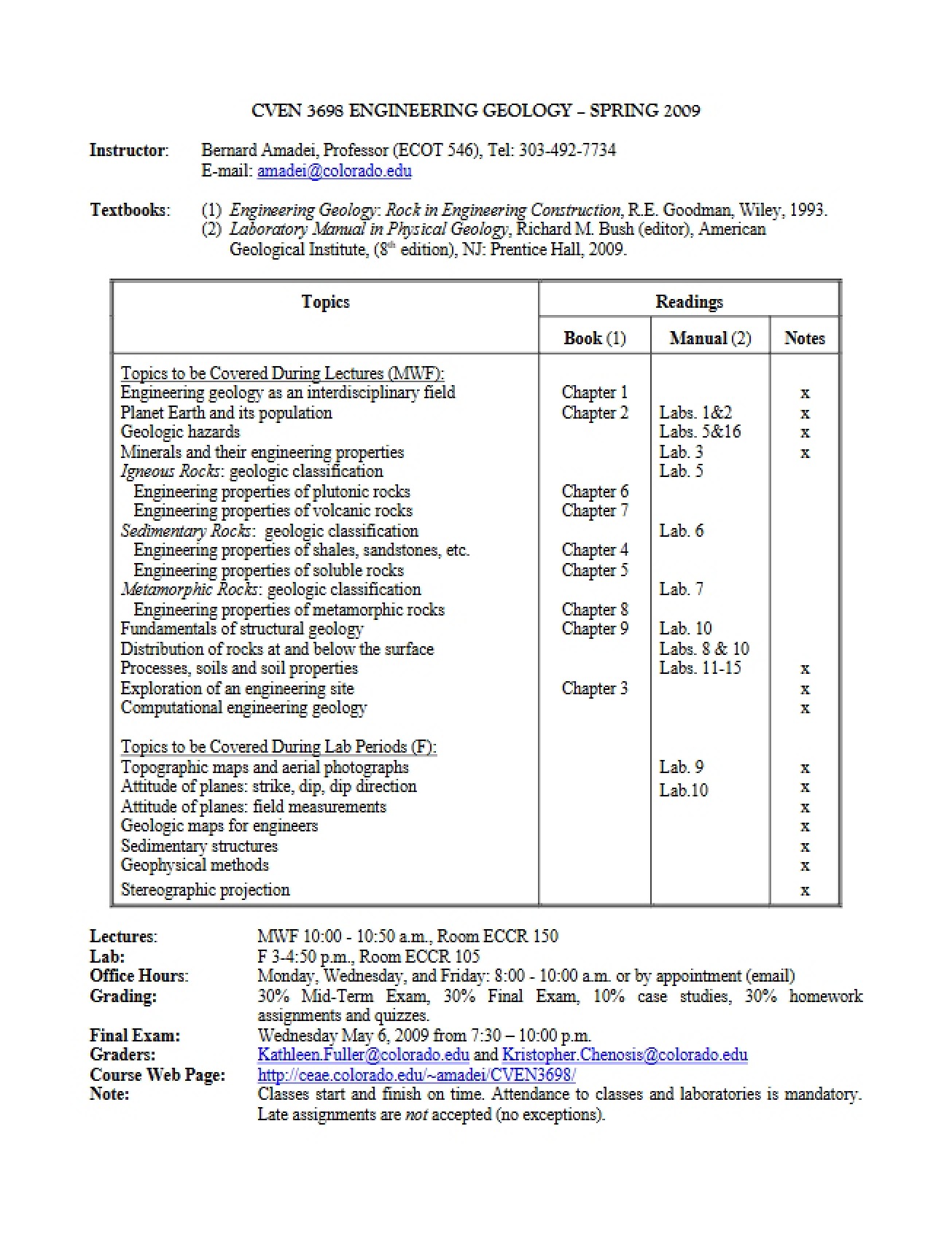 Course Outline for Engineering Geology
