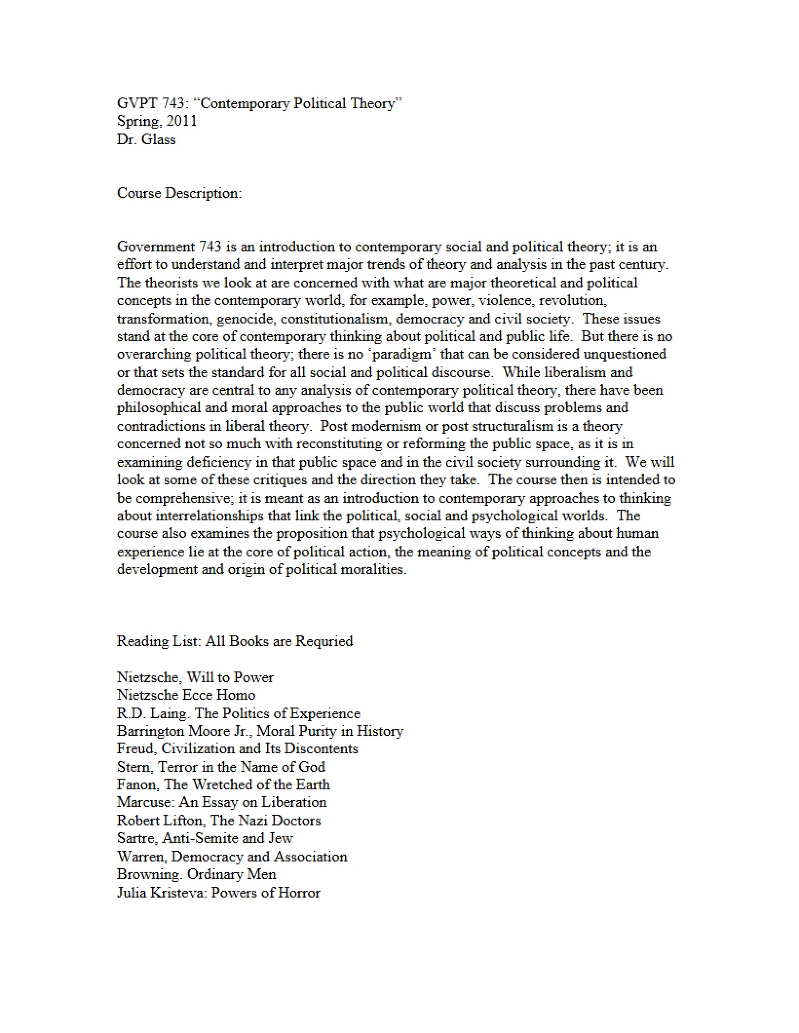 Contemporary Political Theory Syllabus