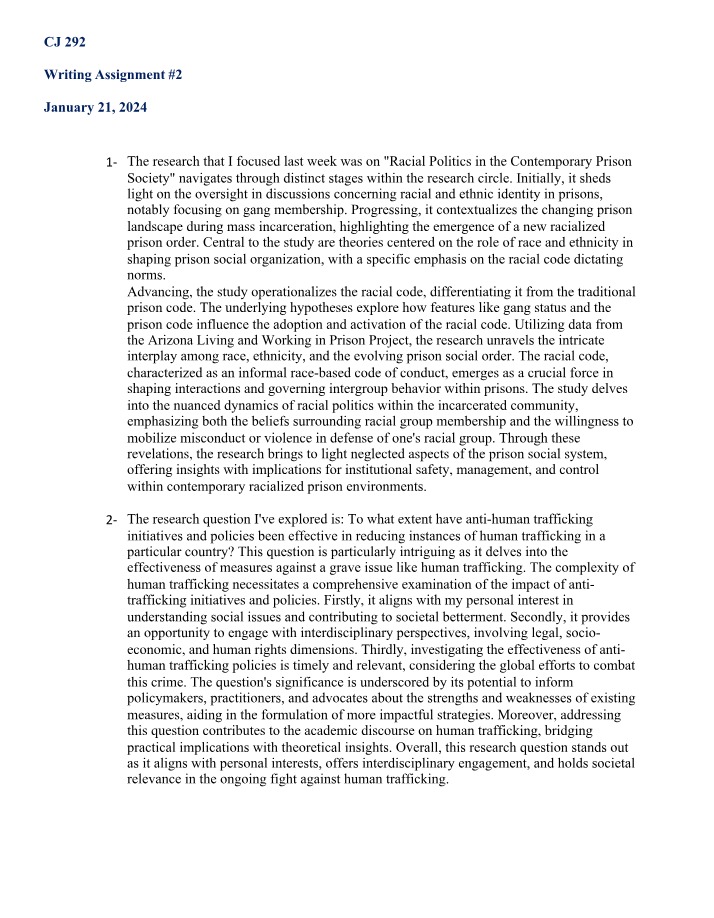 Writing Assignment 2 - CJ 292