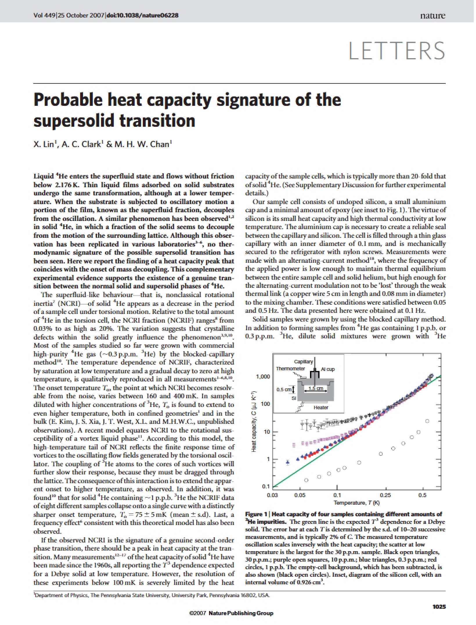 Supersolid Transition Probable Heat Capacity Signature