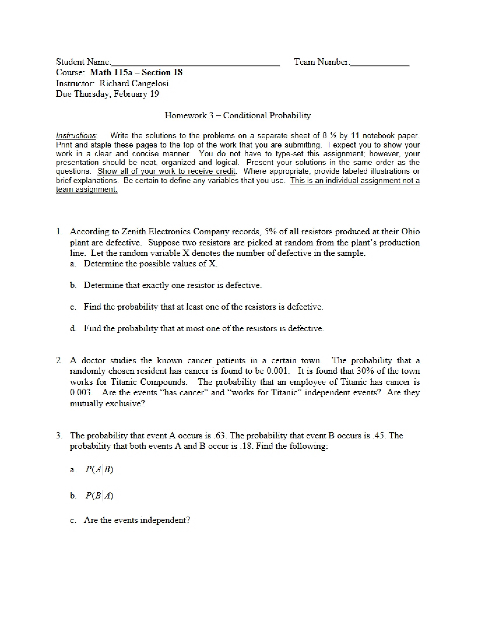 Third Homework Conditional Probability