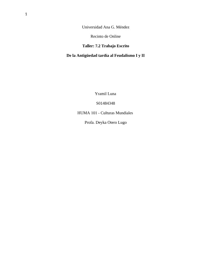 De la Antigüedad tardía al Feudalismo I y II - Trabajo Escrito Taller 7.2