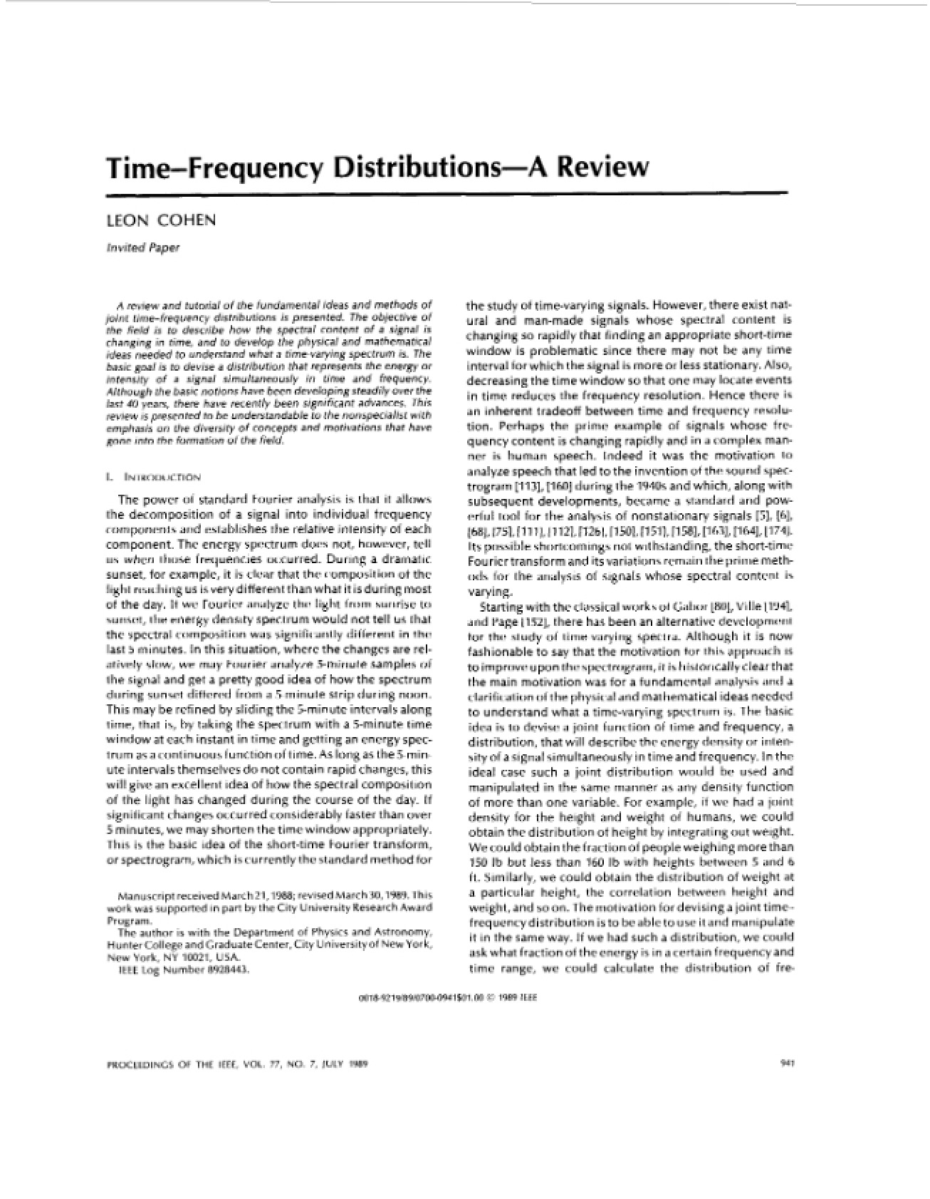 Review of Time Frequency Distributions