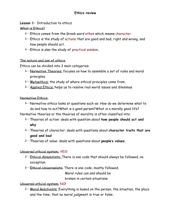 Ethics Review - Normative Theories and Introduction to Ethics