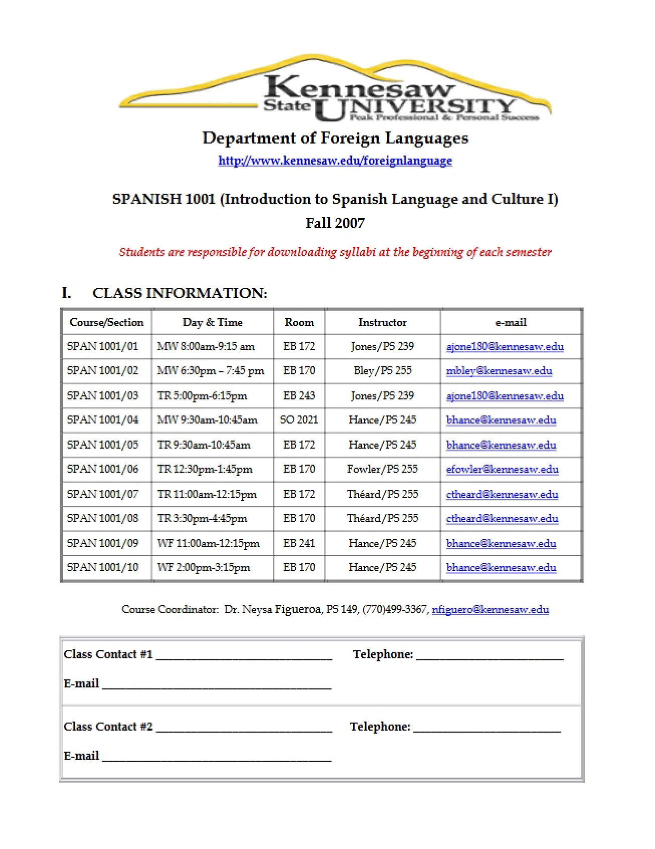 Syllabus for Introduction to Spanish I