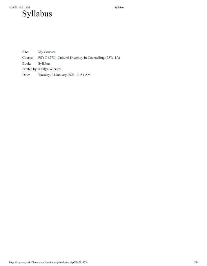 Syllabus for Cultural Diversity in Counselling
