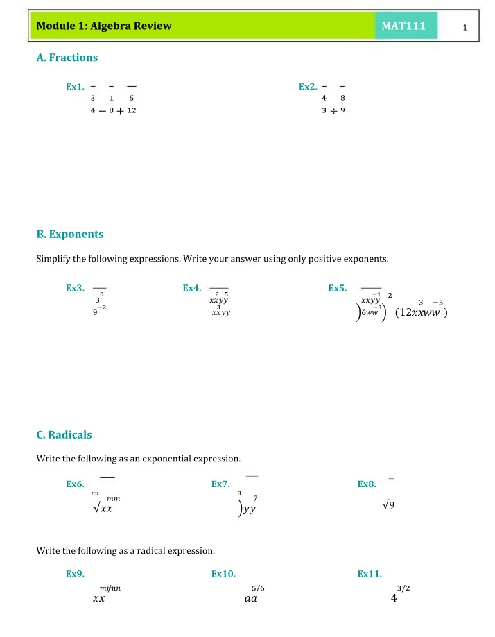 Module 01 Outline - Algebra Review