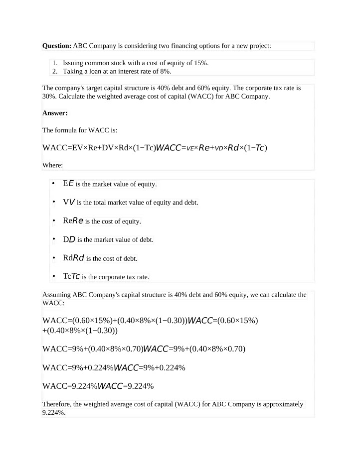 WACC Calculation for ABC Company - Equity vs Loan Financing