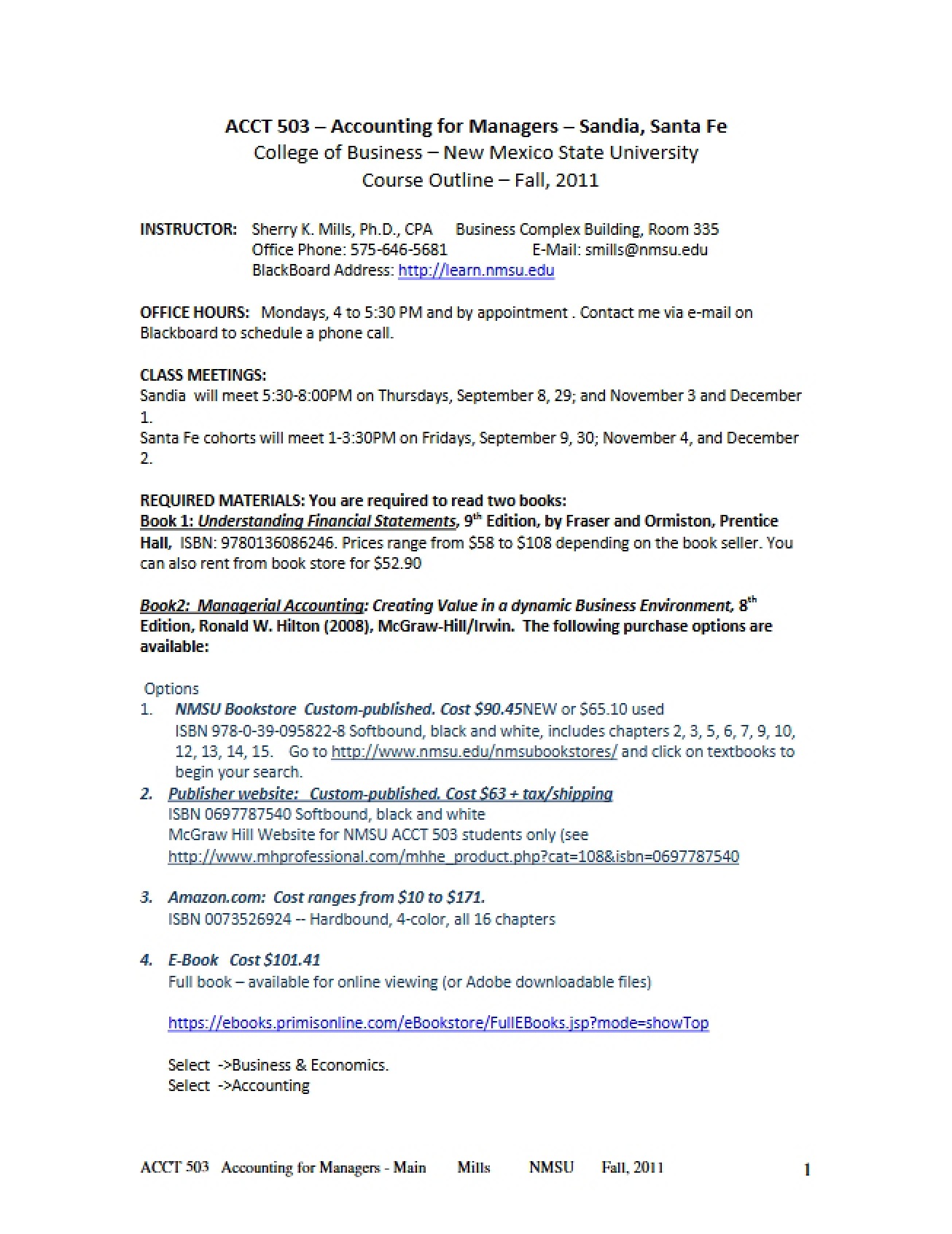 Outline of the Accounting for Managers Course