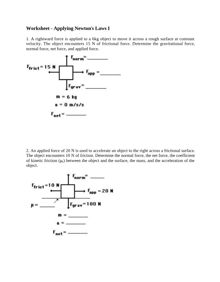 Worksheet on Applying Newton's Laws I