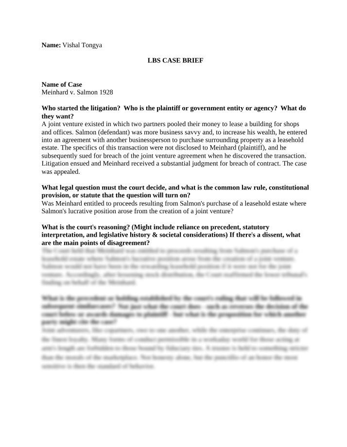 Case Brief of Meinhard v. Salmon 1928