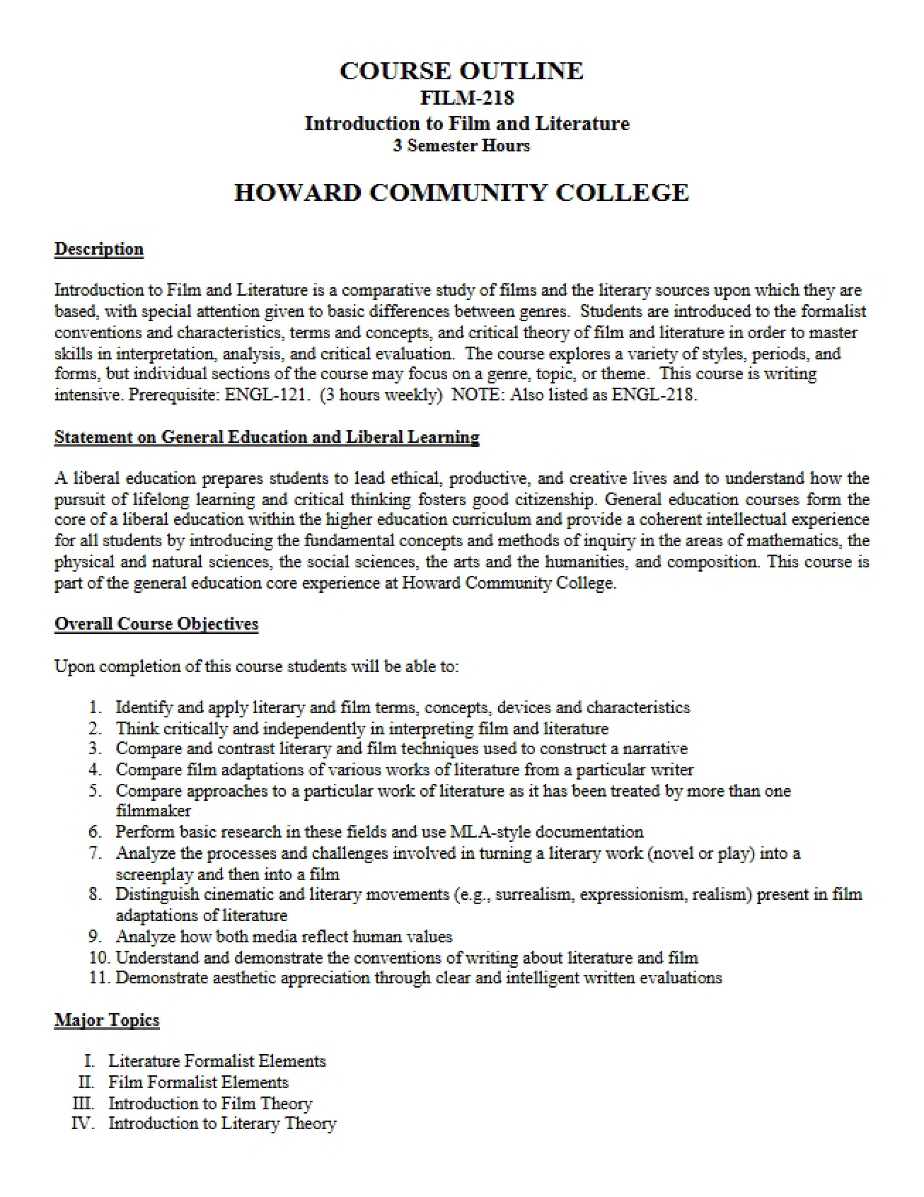 Film and Literature Introduction Syllabus