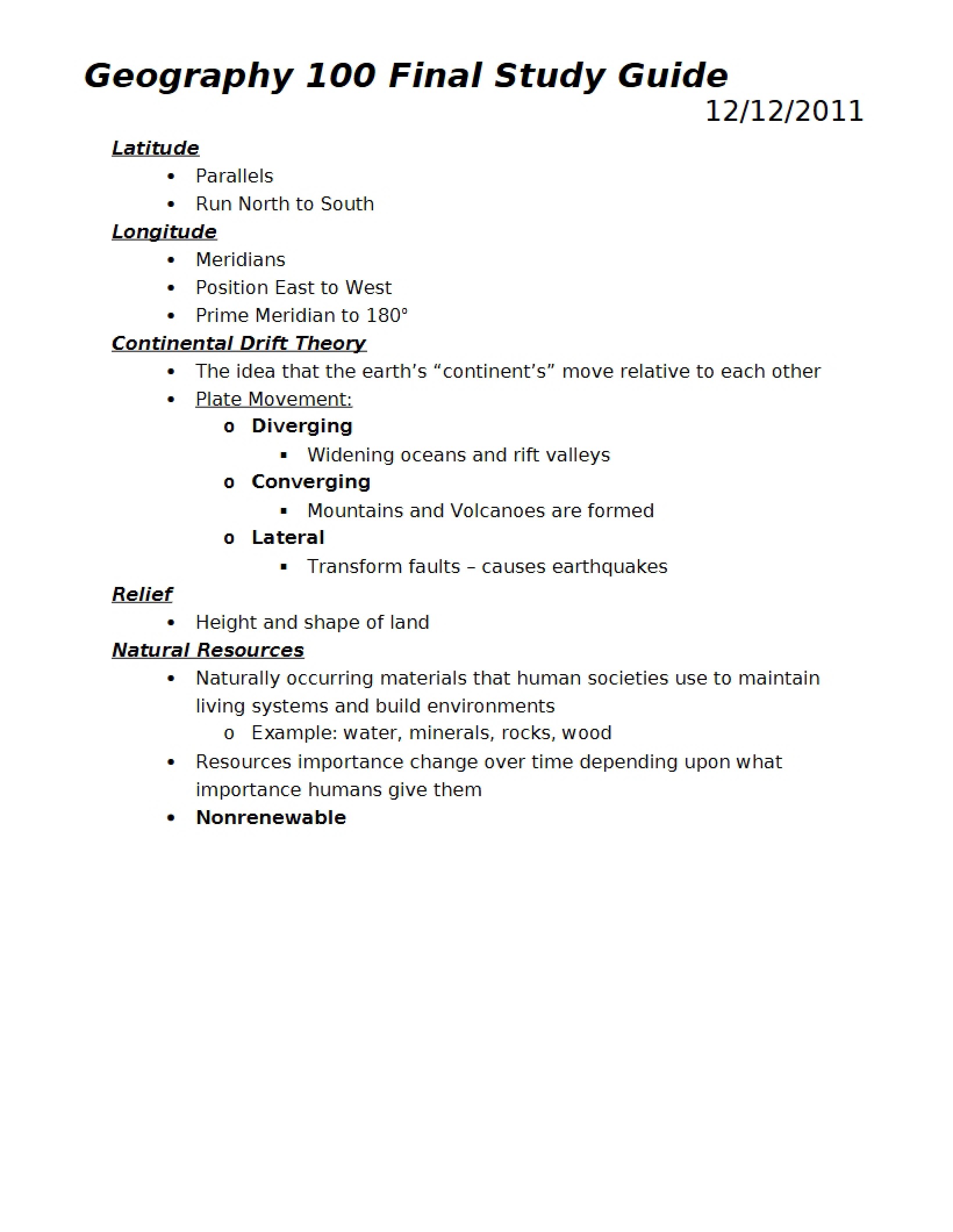Study Guide for Final