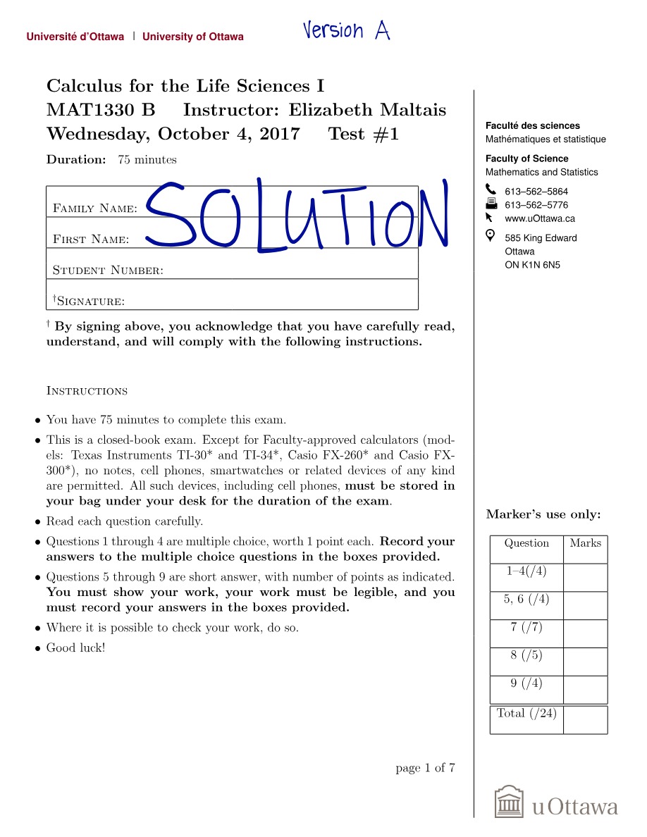 Midterm Exam for Calculus for the Life Sciences I