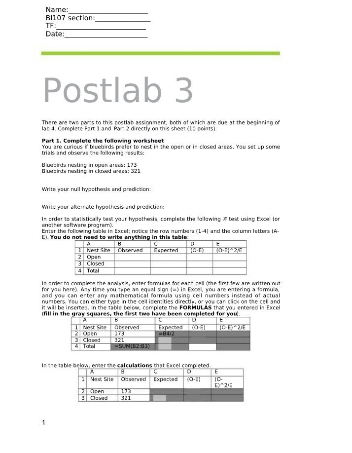 Worksheet for Postlab 3