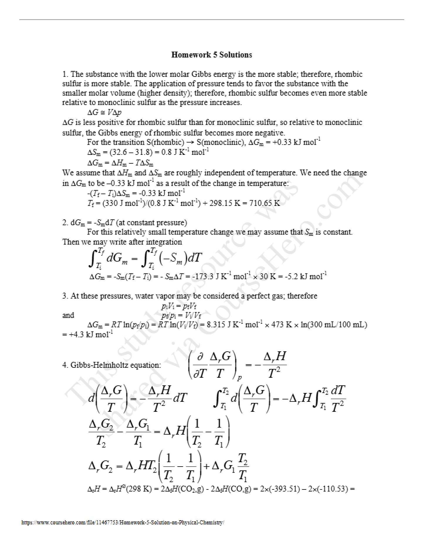 Physical Chemistry Solutions (Homework 6)