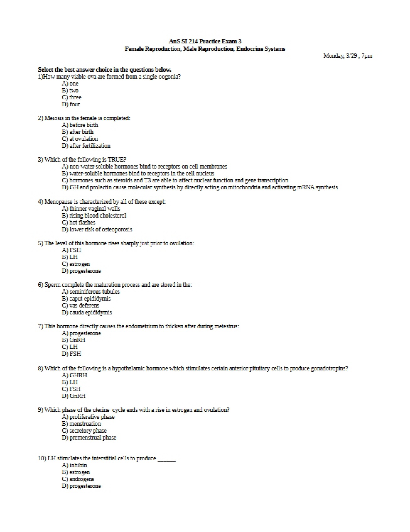 Third Practice Exam for Domestic Animal Physiology