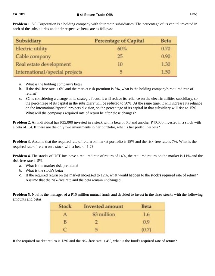 Problems on Risk Return Trade Offs