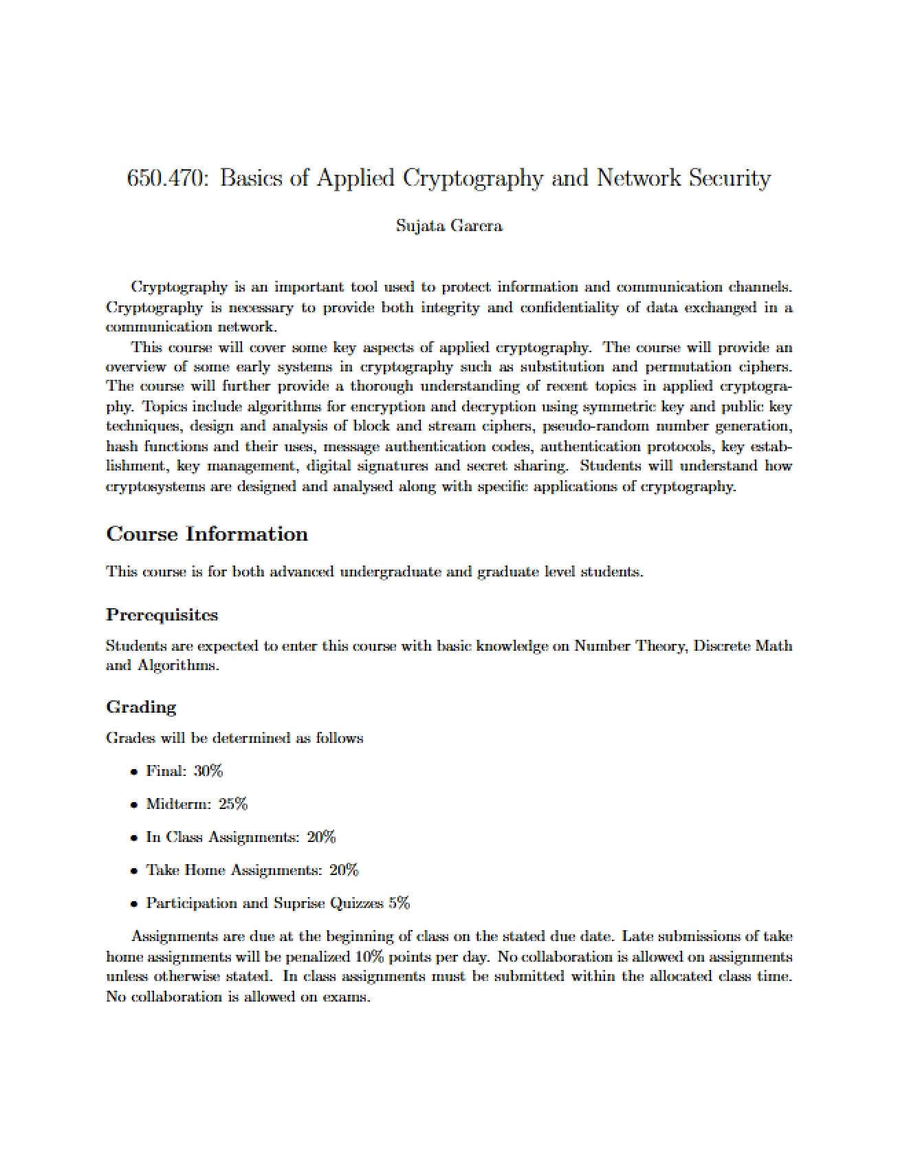 Cryptography and Network Security Course Outline