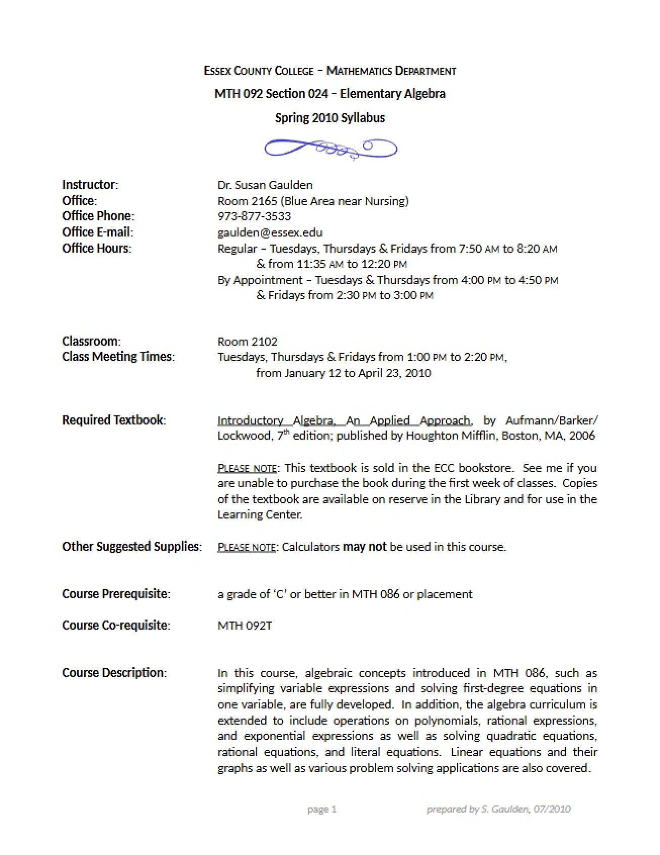 Elementary Algebra Syllabus Document