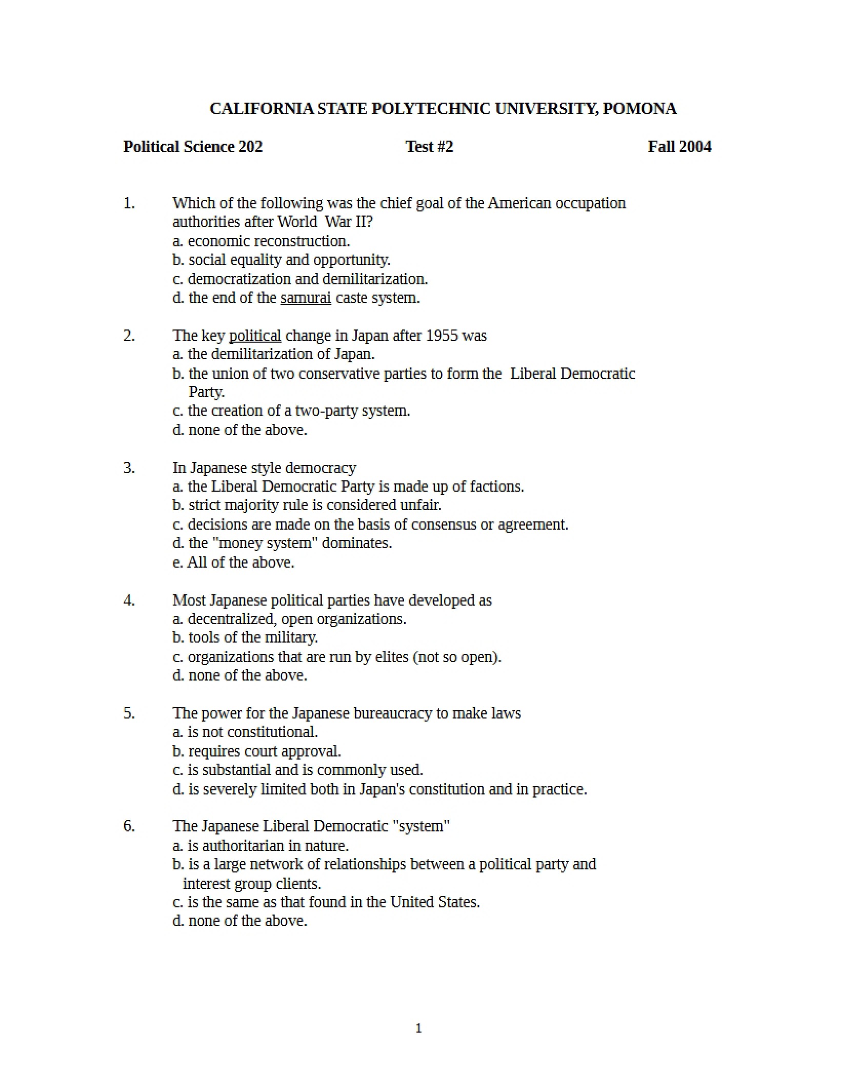 Second Comparative Politics Test