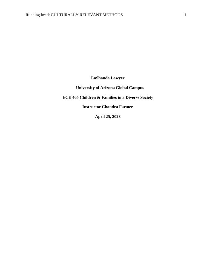 Culturally Relevant Methods for Supporting Diversity in Early Childhood