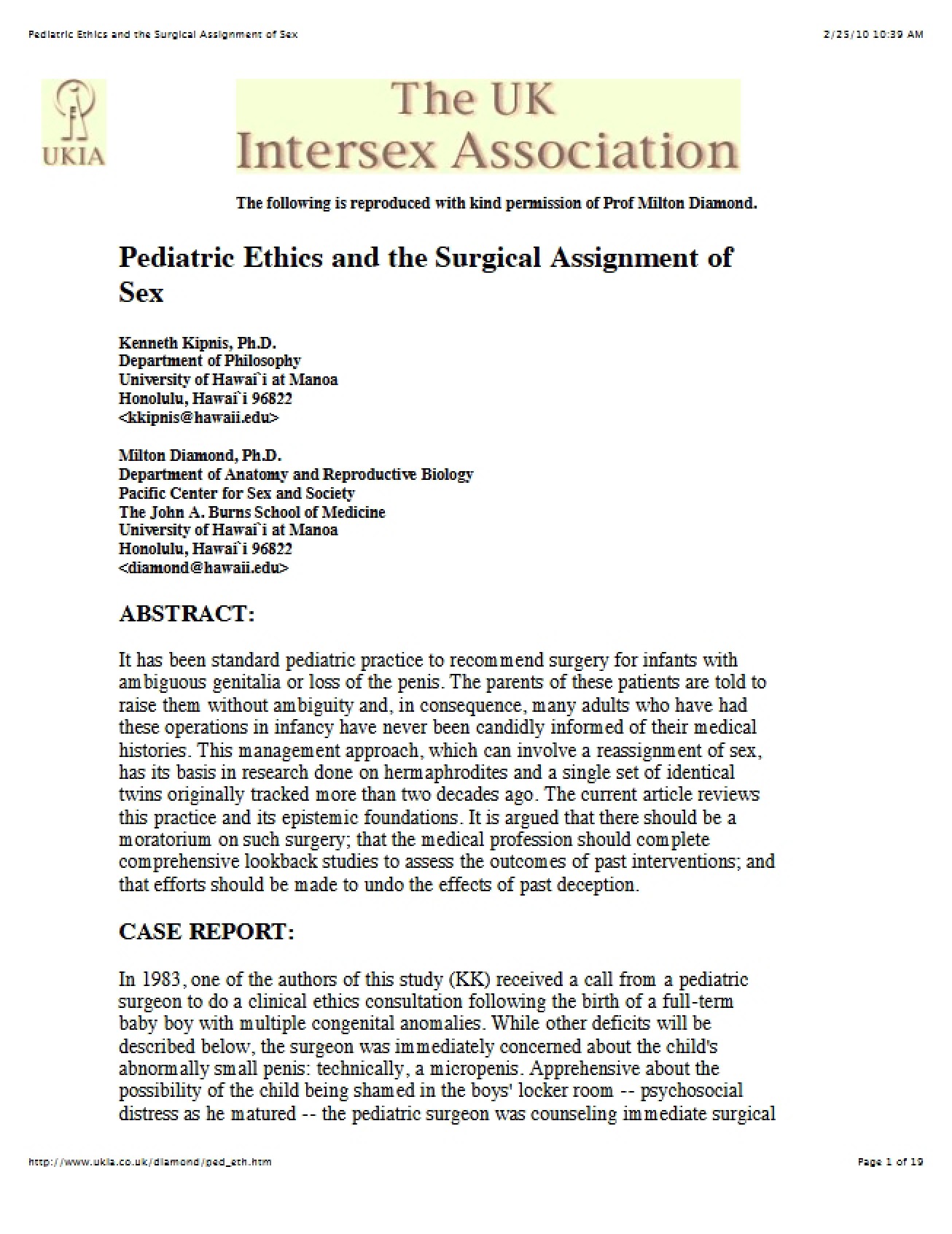 Examination of Pediatric Ethics and the Surgical Assignment of Sex