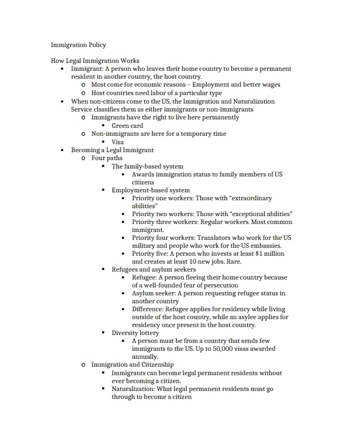 Policy on Immigration