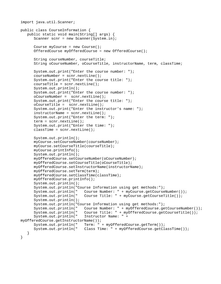 Course Information and Offered Courses Java Program